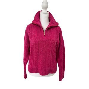 💖✨ Anthropologie Hot Pink Cable Knit Quarter Zip Sweater Size S - Cozy It Girl